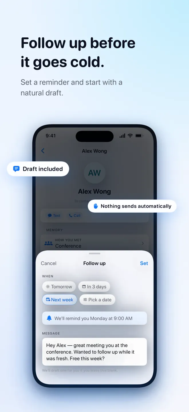 Follow-up reminder with a pre-filled draft message