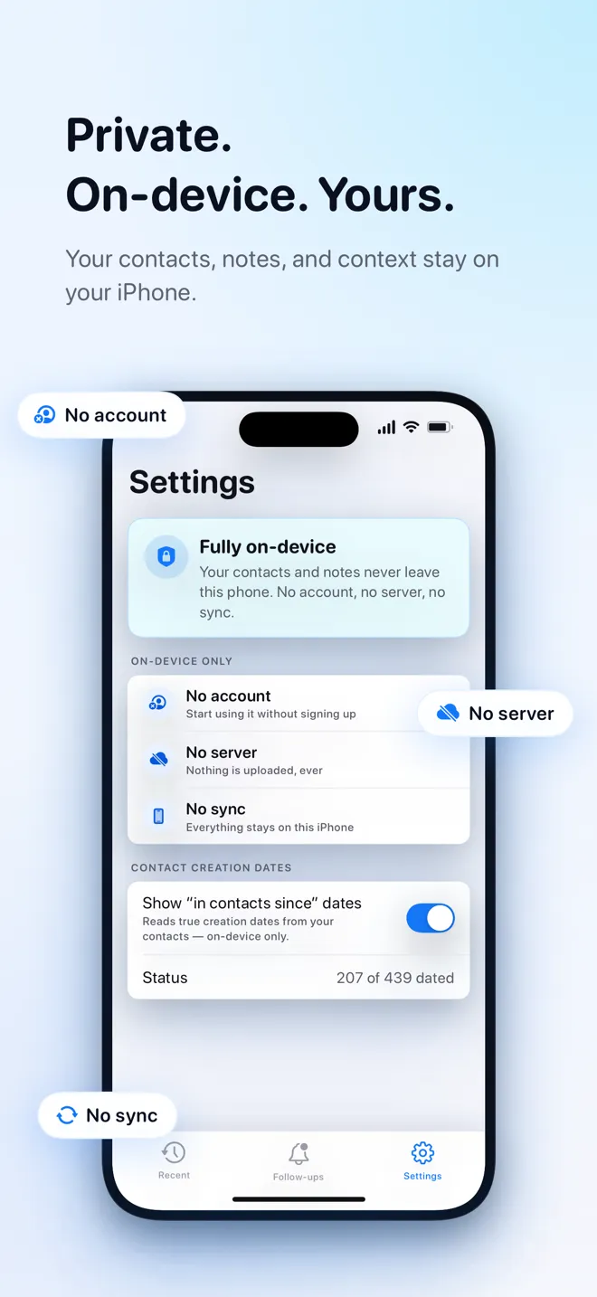 Settings showing the app is fully on-device